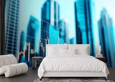 Bullish market graph rising against a backdrop of modern city skyscrapers, representing growth in securities trading, financial success Wall mural