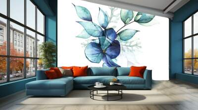 Bouquet with blue and turquoise leaves, hydrangea flowers. Delicate watercolor painted floral arrangement.  Wall mural