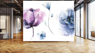 Watercolor floral set of blue, violet, pink poppy, rose, peony, lotus, wild flowers, butterfly. Cut out hand drawn PNG illustration on transparent background. Watercolour clipart drawing. Wall mural