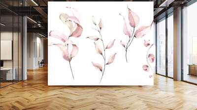 Watercolor floral set of pink leaves, greenery, branches, twigs etc. Cut out hand drawn PNG illustration on transparent background. Watercolour clipart drawing. Wall mural