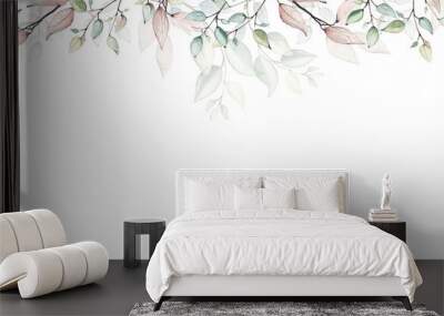 Watercolor painted floral frame on white background. Arrangement with branches and leaves. Wall mural