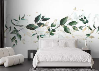 Watercolor painted floral frame. Arrangement with branches and leaves and gold elements. Wall mural