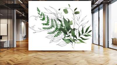 Watercolor painted greenery arrangement. Green wild forest fern branches, leaves, twigs and gray sketch style lines. Cut out hand drawn PNG illustration on transparent background. Isolated clipart. Wall mural