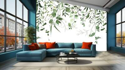 Watercolor painted greenery seamless frame on white background. Green wild plants, branches, leaves and twigs. Wall mural