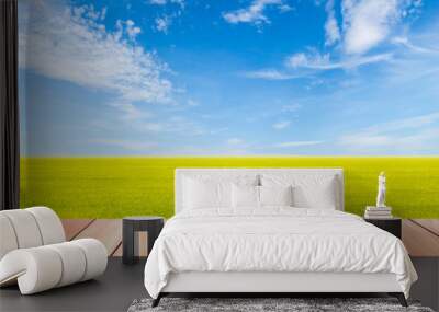 blue sky and green rice field with plank wood foreground Wall mural