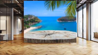 Wooden desk or stump on sand beach in summer. background. For product display, Wall mural