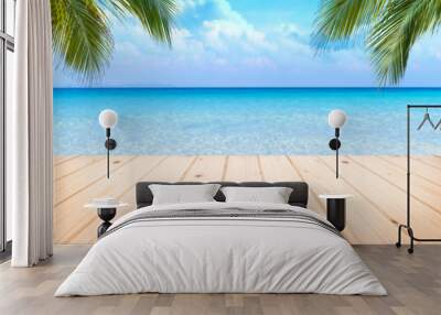 Wooden floor or plank on sand beach in summer. For product display.Calm Sea and Blue Sky Background. Wall mural