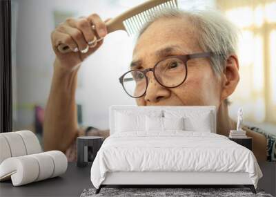 Closeup of face of beautiful old people brushing hair with comb in her hand,happy asian senior woman enjoy combing hair,clean healthy woman's hair,female elderly care her hair, beauty concept Wall mural