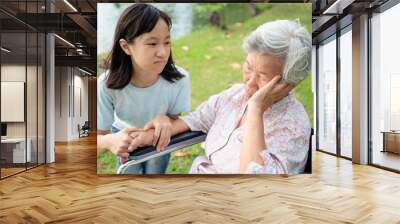 Unhappy asian child girl comfort upset offended senior grandmother,female teenager is stressed to trying to reconcile or compromise,elderly people looking away avoiding talking with granddaughter Wall mural