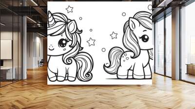 Vector cheerful cute baby cartoon unicorn with on cloud black and white linear art for Childrens design Wall mural