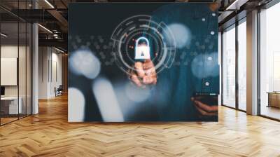 Businessman using smart phone and finger touching security glowing sign, business, technology, internet and networking concept. Wall mural