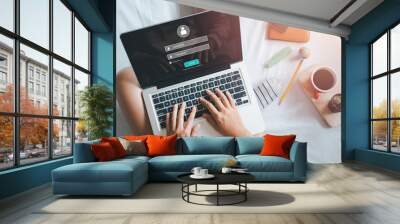 Person hand typing on keyboard with login and password on screen display, cyber security concept, data protection and secured internet access.. Wall mural