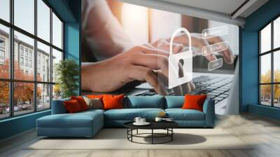 Woman hand typing on keyboard with login and password on screen display, cyber security concept, data protection and secured internet access. Wall mural