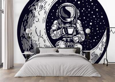 astronaut sitting on a moon with a cup, emblem sketch Wall mural