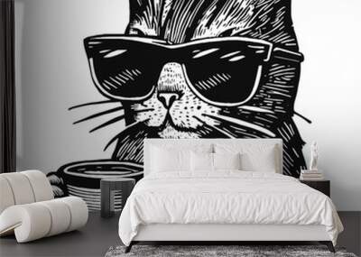 cool cat with a coffee cup sketch Wall mural