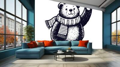 cute bear wearing a scarf and waving Hello sketch Wall mural