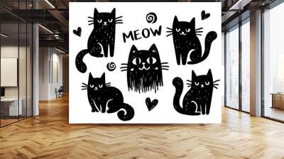 cute black cat, hand drawn crayon brush doodle cartoon simple sketch set Wall mural