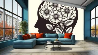 silhouette of a person with a brain with flowers vintage illustration Wall mural