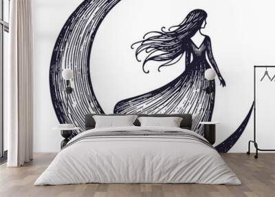 woman on a moon crescent sketch Wall mural