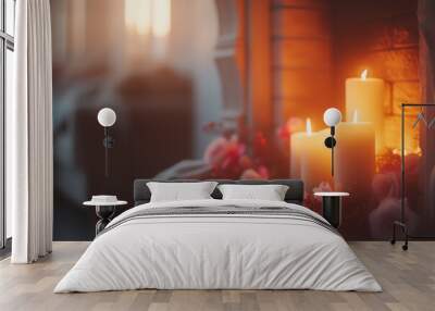 Winter background in a warm interior lit by candles. Wall mural