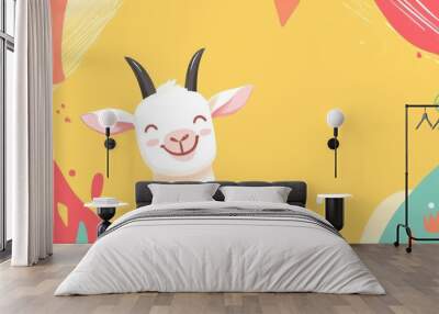 Smiling white goat with horns on yellow, red, and green background. Wall mural