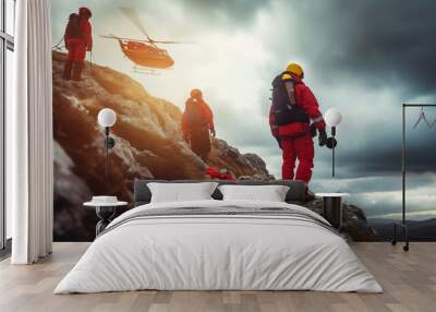 Mountain rescue team in rescue operation .Searching for missing person ,help injured people . Wall mural