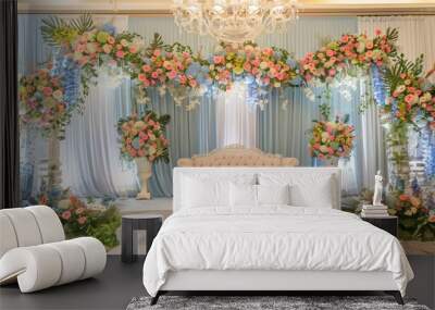 Wedding backdrop with chair aesthetic flower wreath pastel color decoration indoor white background Wall mural