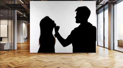 Aggression and abuse concept - man and woman expressing domestic violence in studio silhouette isolated on white background. Wall mural