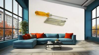 screwdriver with yellow handle isolated on white.Complet kit of screwdriver Wall mural