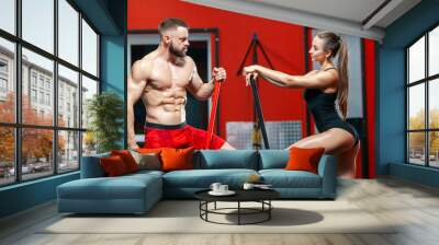 Portrait of muscular strong man and sexy fitness woman posing with sledgehammers and a tire in the gym Wall mural