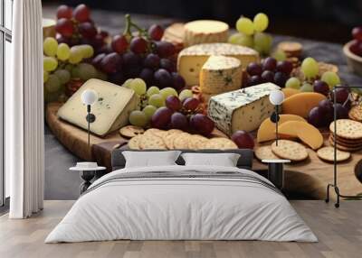  An elegant cheese board featuring a variety of cheeses, grapes, and crackers breakfast Wall mural