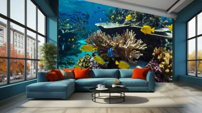 A diverse school of colorful fish glides through clear blue waters, navigating around vivid coral formations and showcasing the beauty of marine biodiversity Wall mural