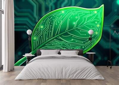 A vibrant green leaf displays intricate circuit designs, showcasing the blend of natural life and advanced technology. The background emphasizes a high-tech ambiance, highlighting innovation Wall mural