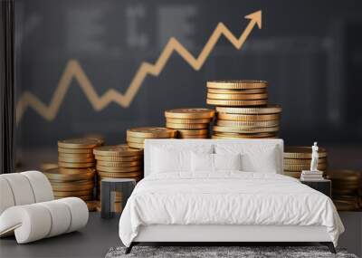 Stacks of shiny coins are arranged in a staircase formation, symbolizing growth, with an upward graph in the background illustrating financial progress Wall mural