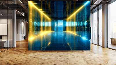 A data center with a long corridor and shiny lights, data storage, server room. Generative Ai.  Wall mural