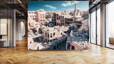 Aerial view of the city of Syria, Ukraine, war covered in rubble.  Wall mural