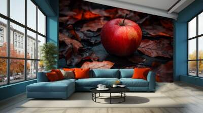 An apple resting on the ground, dark background surrounded by fallen leaves. Wall mural