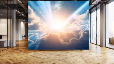 blue sky with bright sun shining, Sun rays in the clouds. Generative Ai. Wall mural