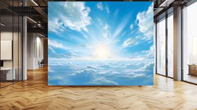 blue sky with bright sun shining, Sun rays in the clouds. Generative Ai. Wall mural