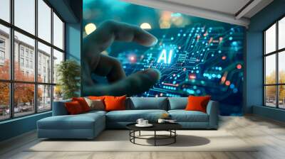 Human hand reaching to grab the letter Ai glower on a computer motherboard. Human taking artificial intelligence with their fingers.  Wall mural