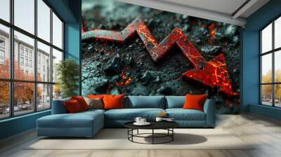 red arrow made of lava pointing down on the ground with cracks serving as indicator of stock market crash. Wall mural