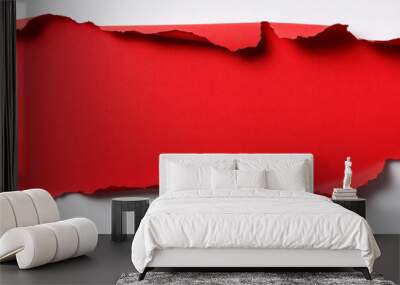 Red banner with a torn edge isolated on a white background, paper cutout, paper texture, large area of blank space in the middle of ripped paper. Wall mural