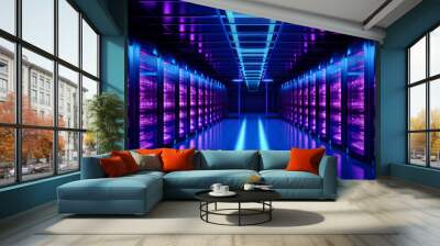 Server hall purple lights, in the style of dark pink and light azure, multimedia, dark black and azure.
 Wall mural