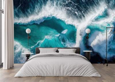 Spectacular aerial top view background photo of ocean sea water white wave splashing in the deep sea. Drone photo backdrop of sea wave in bird eye waves, nature, ocean, top view, water, waves, sea,  Wall mural