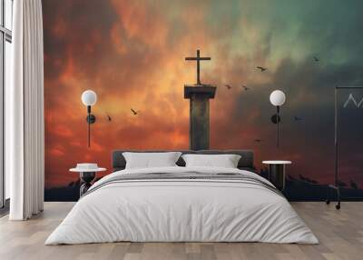 The Christian cross in a hill, Dove birds flying. Generative Ai Illustration. Wall mural