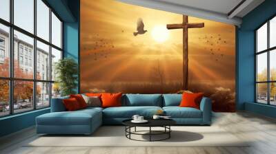 The Christian cross in a hill, Dove birds flying. Generative Ai Illustration. Wall mural