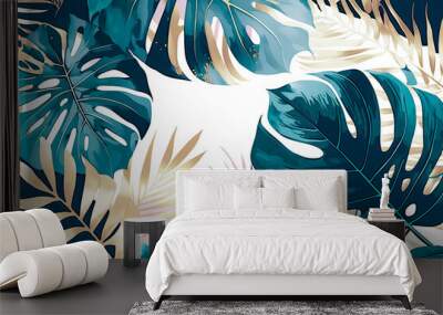 Tropical foliage watercolor background. Summer botanical design with gold line art, monstera, palm, and watercolor texture. Luxury tropical jungle illustration for banner, poster, and wallpaper Wall mural