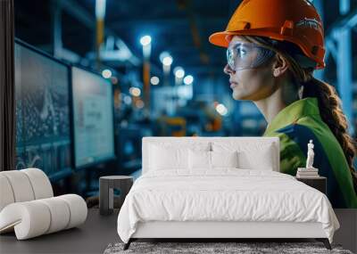 Woman working wearing a hardhat by computer monitor in construction factory, data visualization. Wall mural