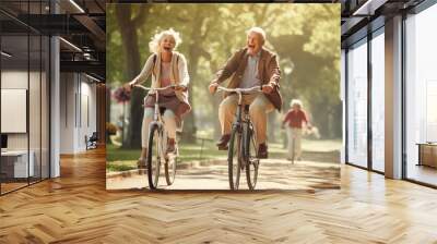 Cheerful active senior couple with bicycle in public park together having fun lifestyle Wall mural