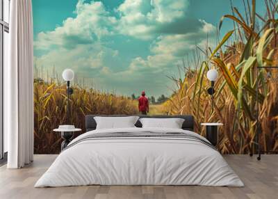 An indian farmer walking in the sugarcane field.
 Wall mural